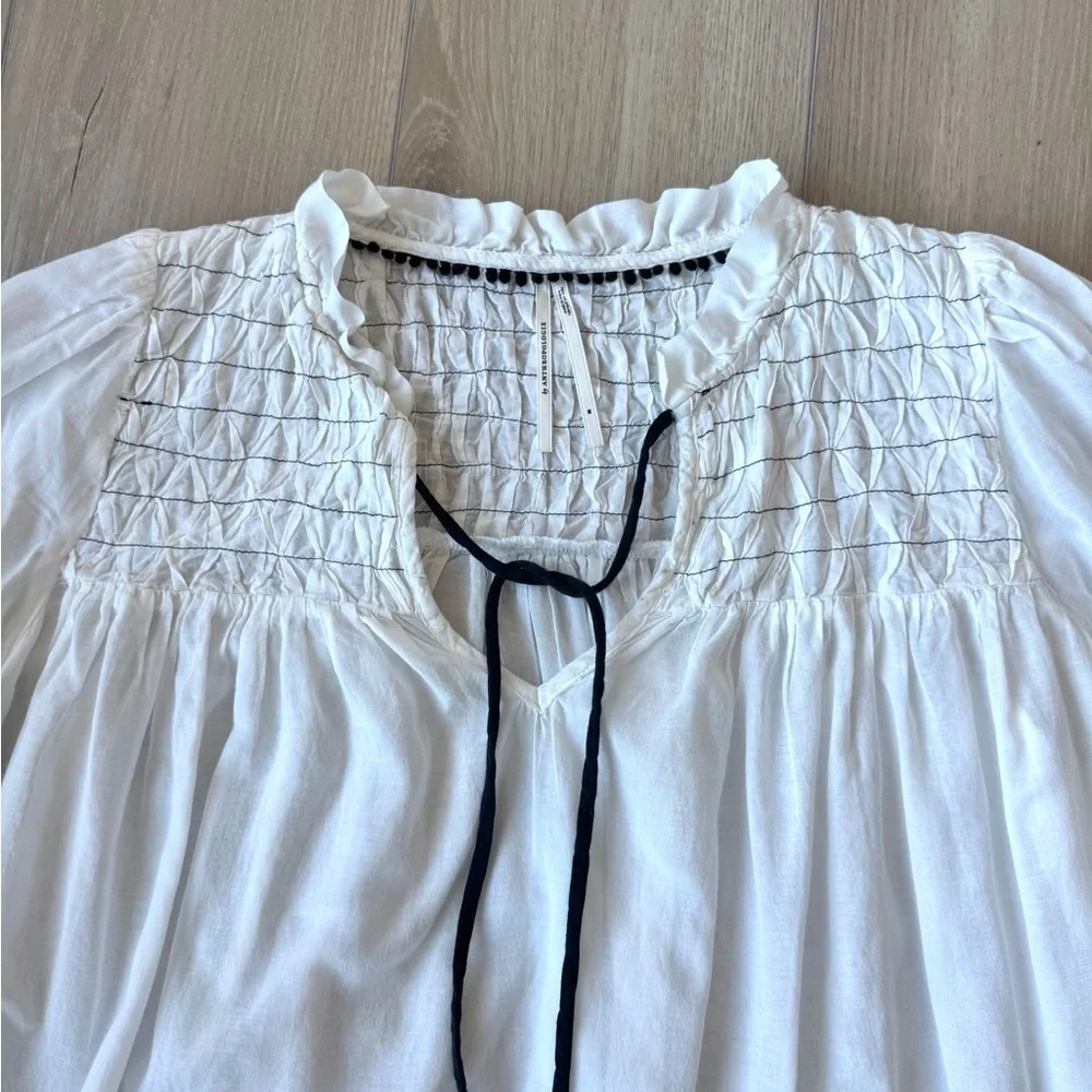 Anthropologie Long-Sleeve White Airy Babydoll smocked Blouse Sz M Boho Peasant - Picture 7 of 13